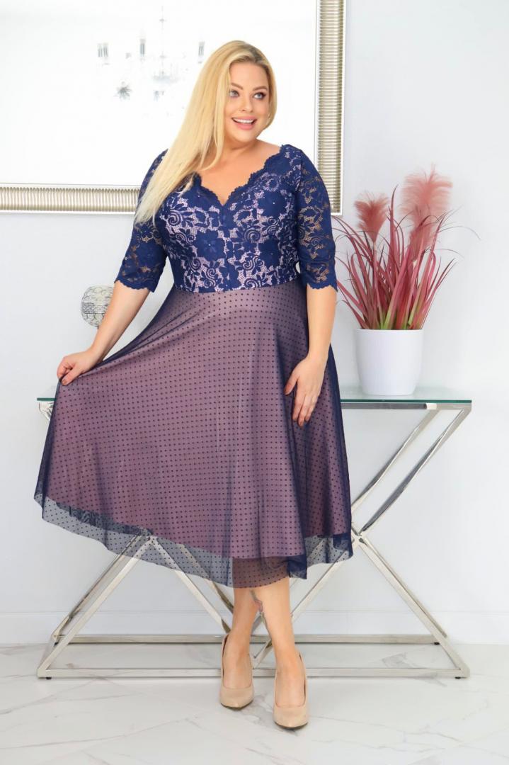 Sukienka Pisla rozkloszowana elastyczna koronka koło z tiulu granatowa z pudrowym różem - obrazek 3