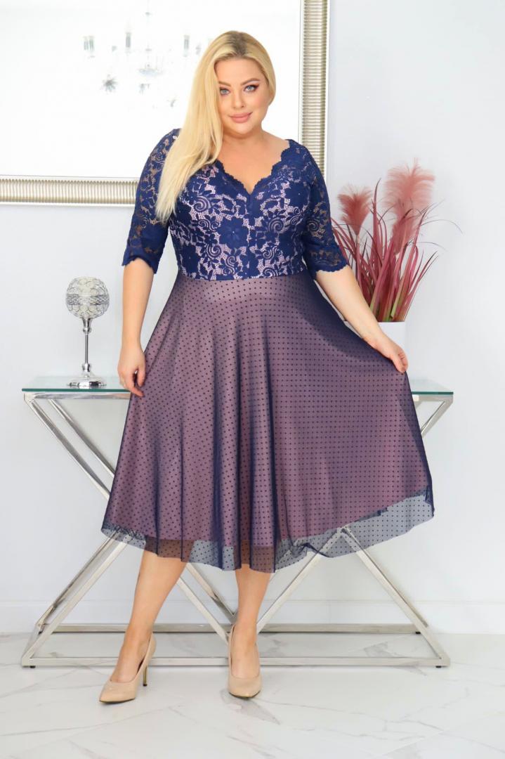 Sukienka Pisla rozkloszowana elastyczna koronka koło z tiulu granatowa z pudrowym różem - obrazek 4