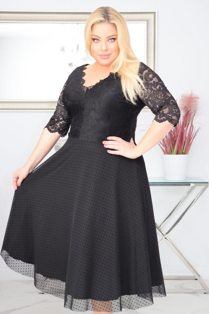 Sukienka Pisla rozkloszowana elastyczna koronka koło z tiulu czarna
