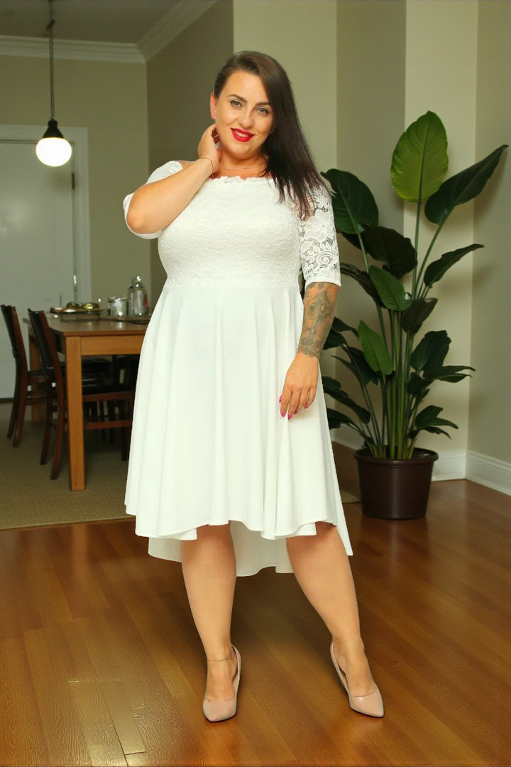 Sukienka Carmen rozkloszowana koronkowa ecru gładka ŚLUB - obrazek 2