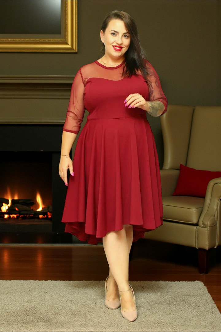 Sukienka Valentina rozkloszowana asymetryczna dekolt serce tiul bordo gładka - obrazek 2