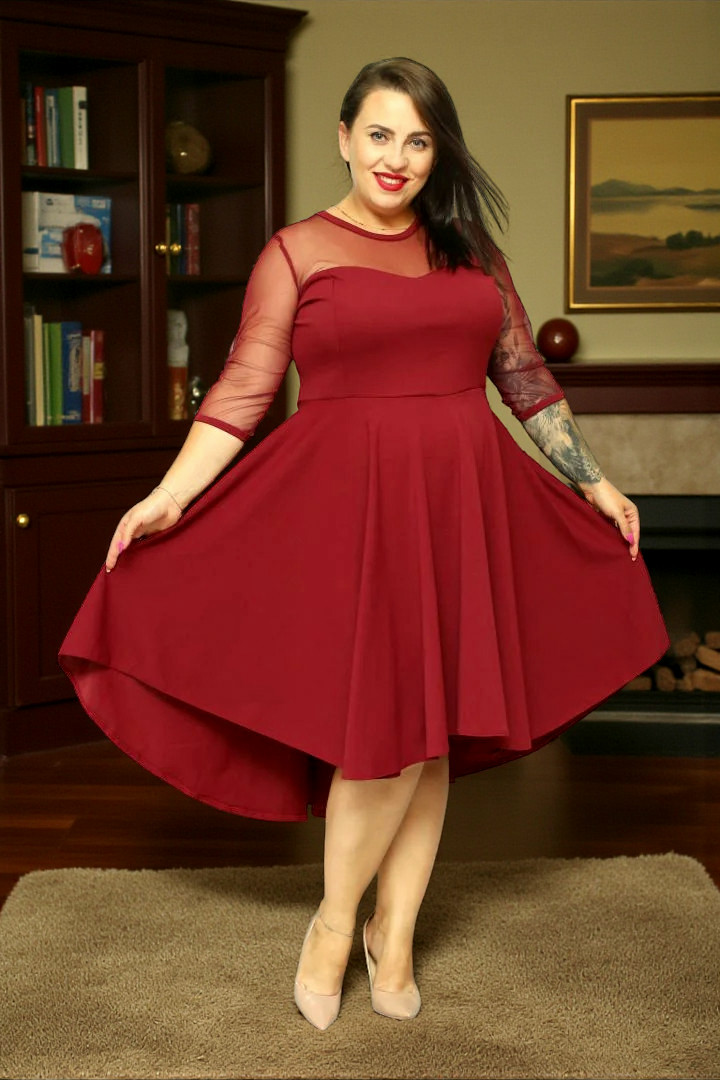 Sukienka Valentina rozkloszowana asymetryczna dekolt serce tiul bordo gładka