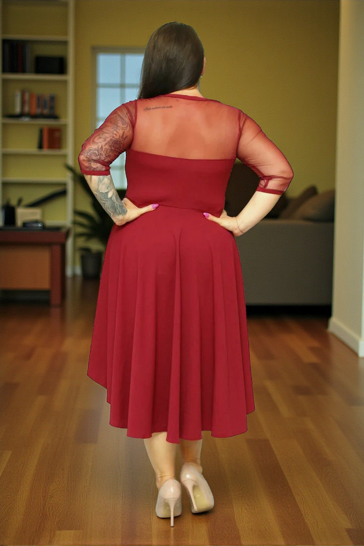 Sukienka Valentina rozkloszowana asymetryczna dekolt serce tiul bordo gładka - obrazek 3