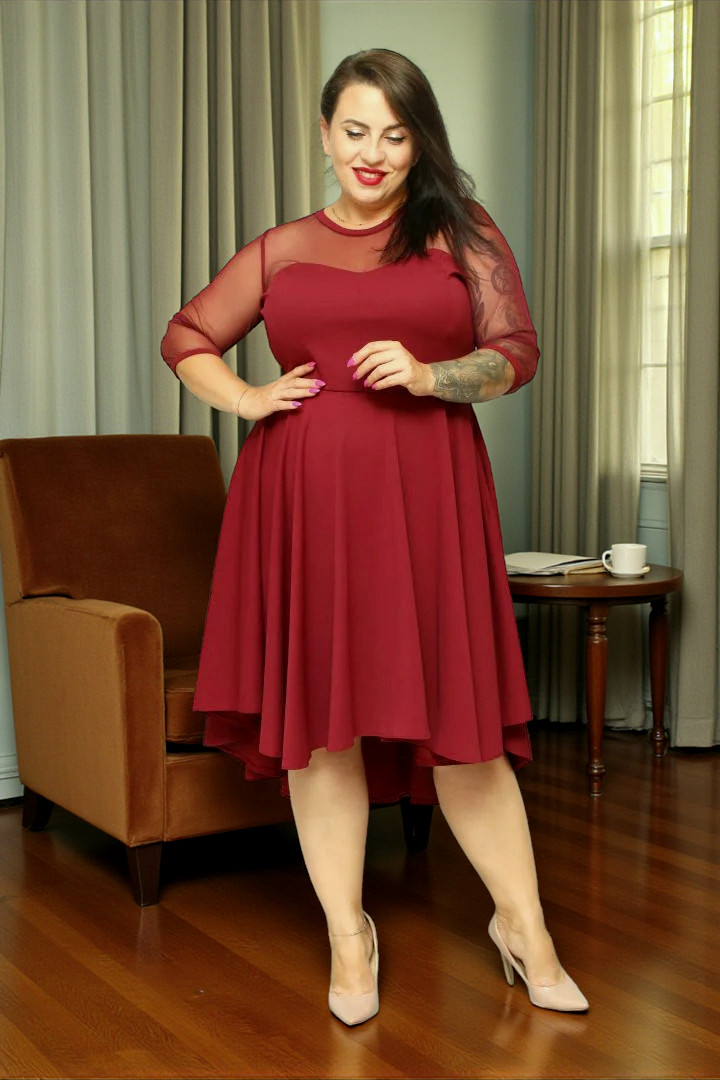 Sukienka Valentina rozkloszowana asymetryczna dekolt serce tiul bordo gładka - obrazek 4