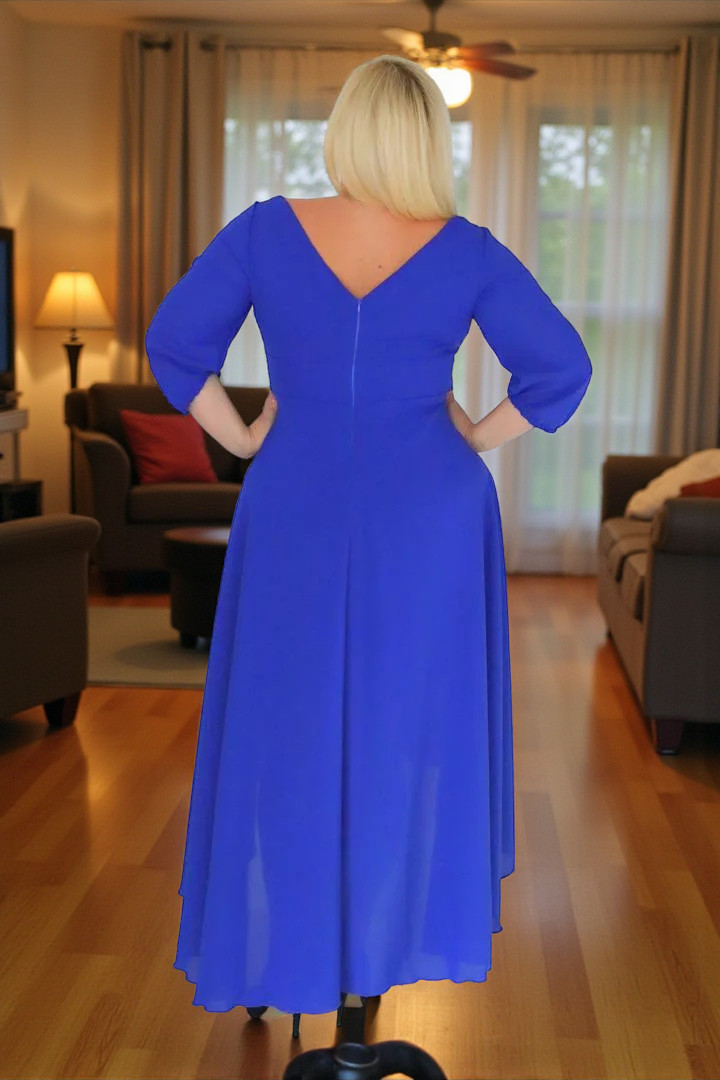 Sukienka Etna asymetryczna rozkloszowana kopertowy dekolt ozdoba szyfon chabrowa - obrazek 4