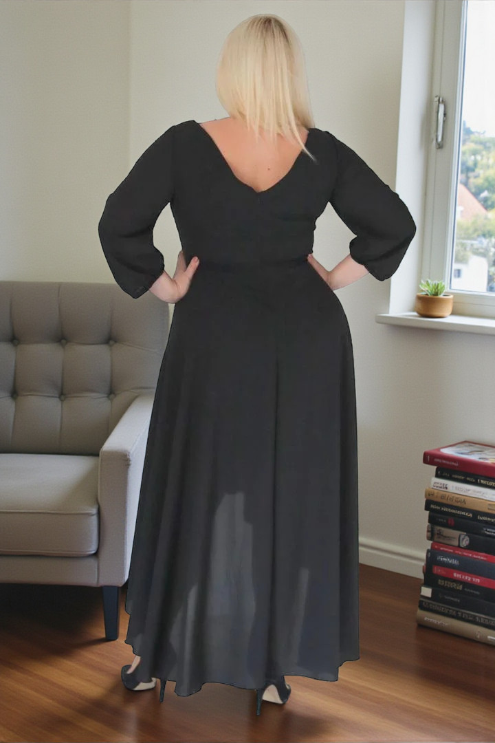 Sukienka Etna asymetryczna rozkloszowana kopertowy dekolt ozdoba szyfon czarna - obrazek 3