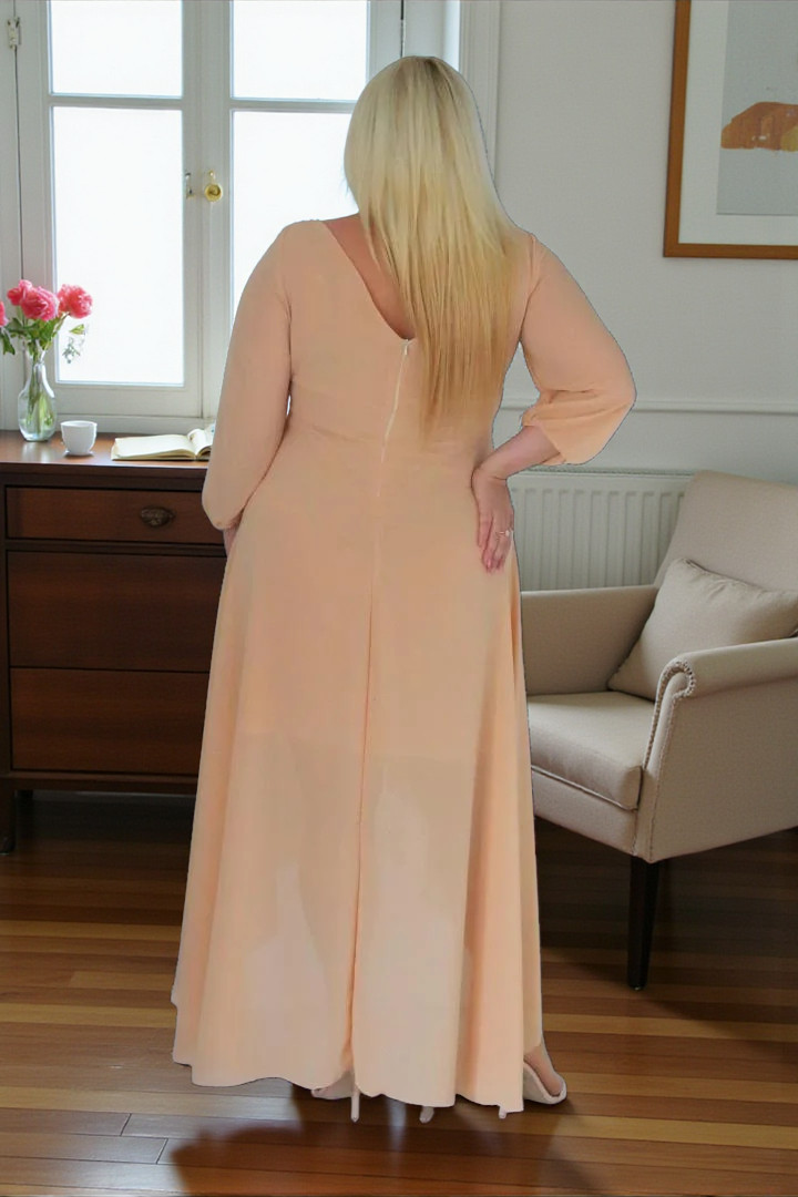 Sukienka Etna asymetryczna rozkloszowana kopertowy dekolt ozdoba szyfon nude - obrazek 2