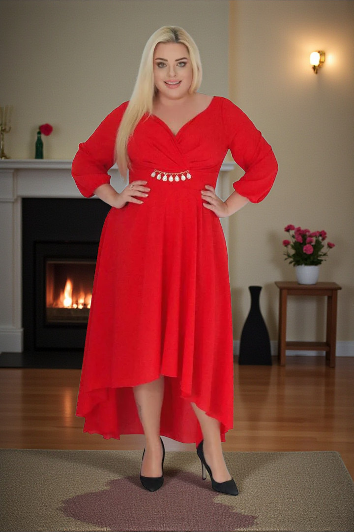 Sukienka Etna asymetryczna rozkloszowana kopertowy dekolt ozdoba szyfon czerwona - obrazek 3