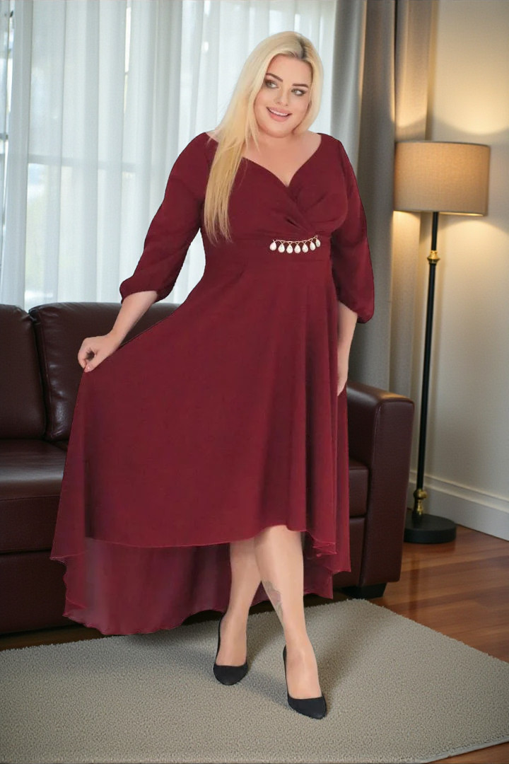 Sukienka Etna asymetryczna rozkloszowana kopertowy dekolt ozdoba szyfon bordowa