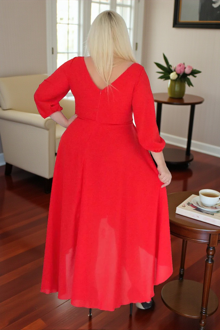 Sukienka Etna asymetryczna rozkloszowana kopertowy dekolt ozdoba szyfon czerwona - obrazek 2