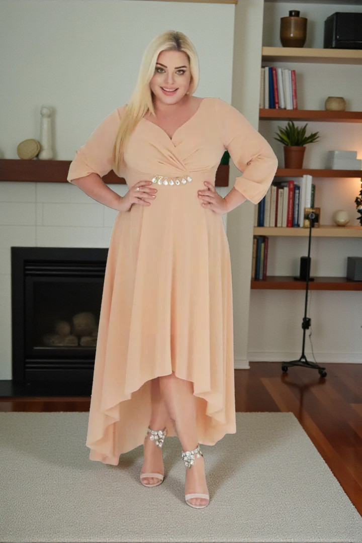 Sukienka Etna asymetryczna rozkloszowana kopertowy dekolt ozdoba szyfon nude