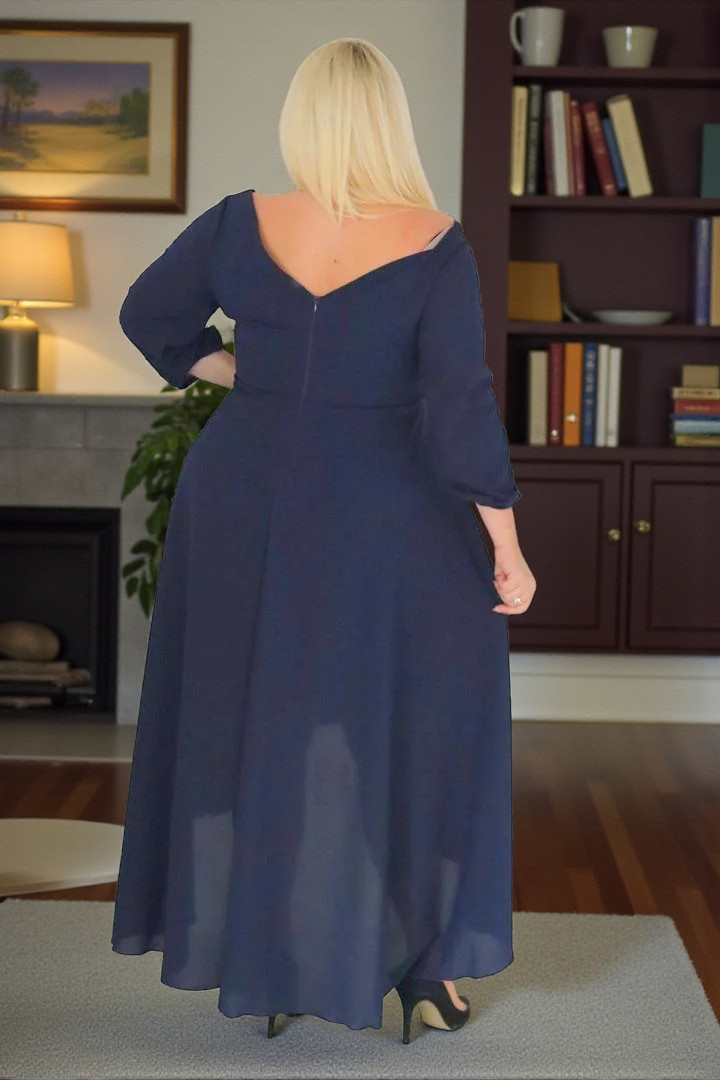 Sukienka Etna asymetryczna rozkloszowana kopertowy dekolt ozdoba szyfon granatowa - obrazek 2