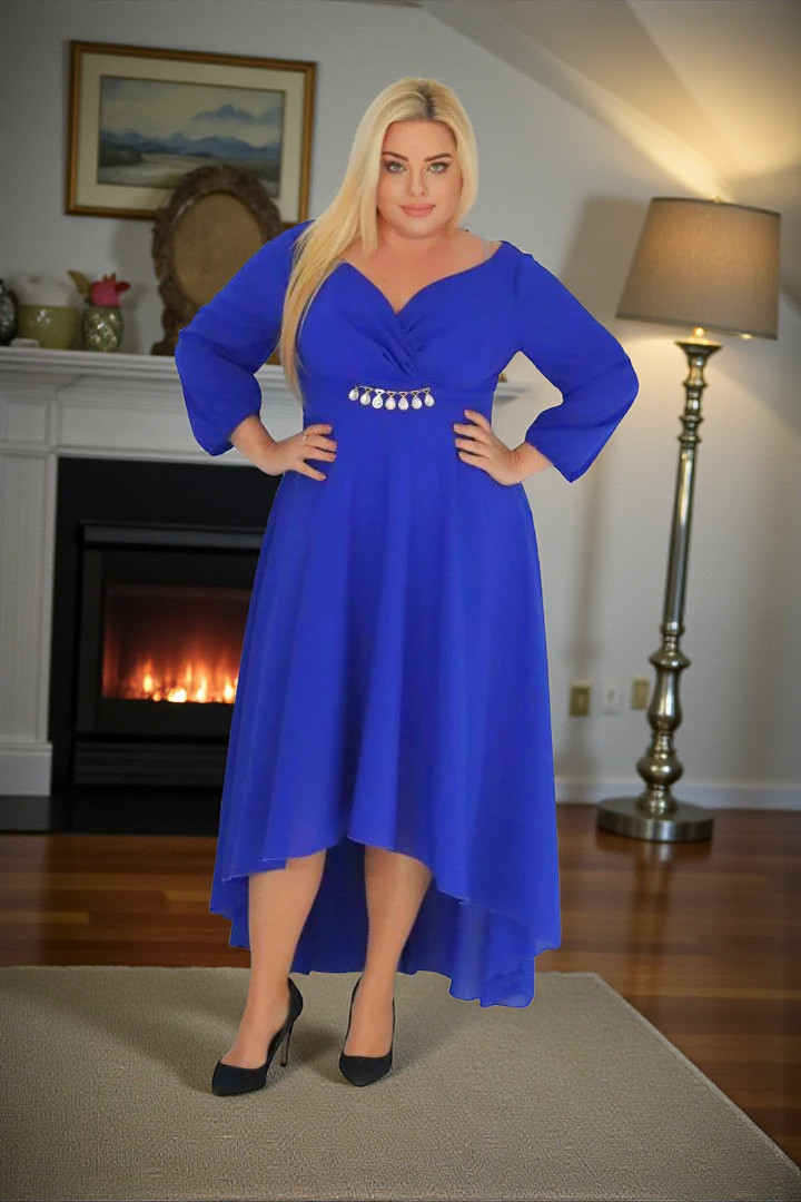 Sukienka Etna asymetryczna rozkloszowana kopertowy dekolt ozdoba szyfon chabrowa - obrazek 3