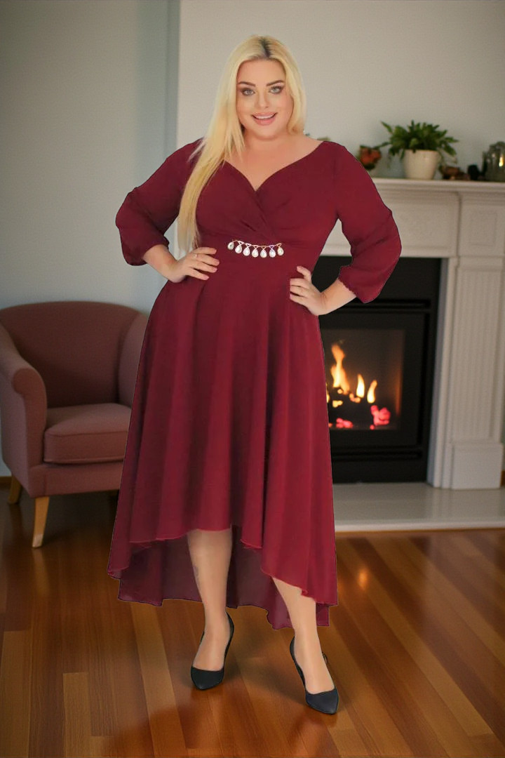 Sukienka Etna asymetryczna rozkloszowana kopertowy dekolt ozdoba szyfon bordowa - obrazek 4