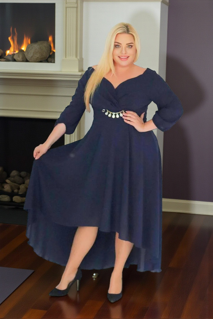 Sukienka Etna asymetryczna rozkloszowana kopertowy dekolt ozdoba szyfon granatowa - obrazek 3