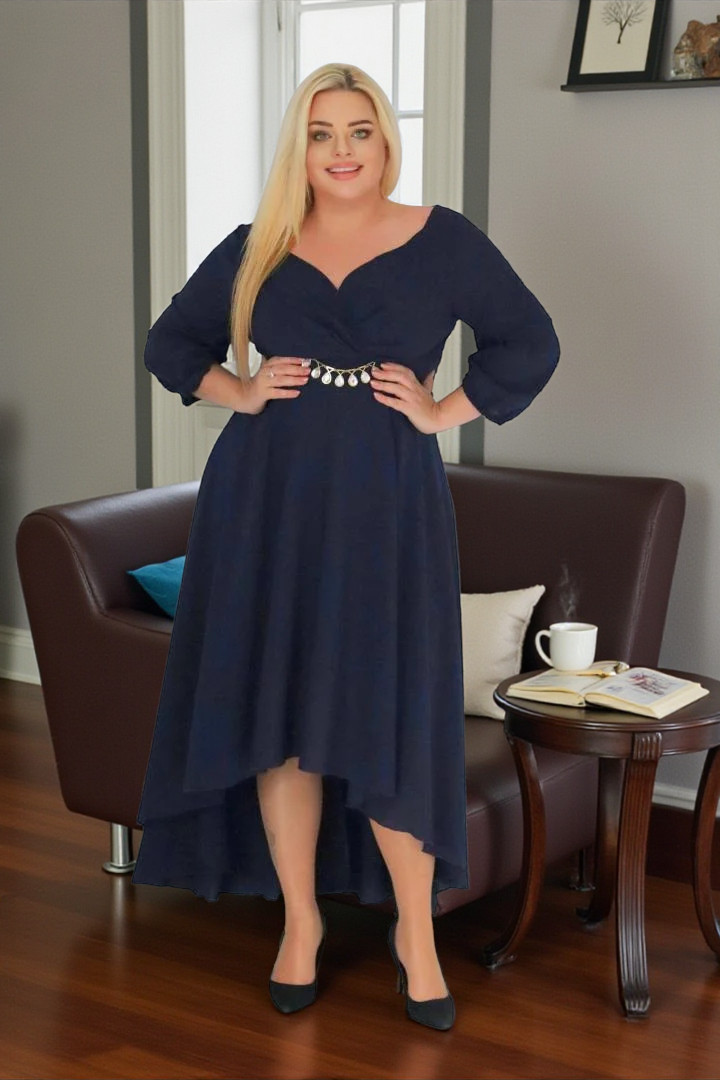 Sukienka Etna asymetryczna rozkloszowana kopertowy dekolt ozdoba szyfon granatowa - obrazek 4