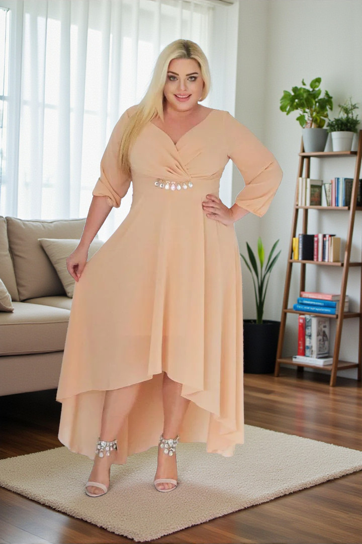 Sukienka Etna asymetryczna rozkloszowana kopertowy dekolt ozdoba szyfon nude - obrazek 4