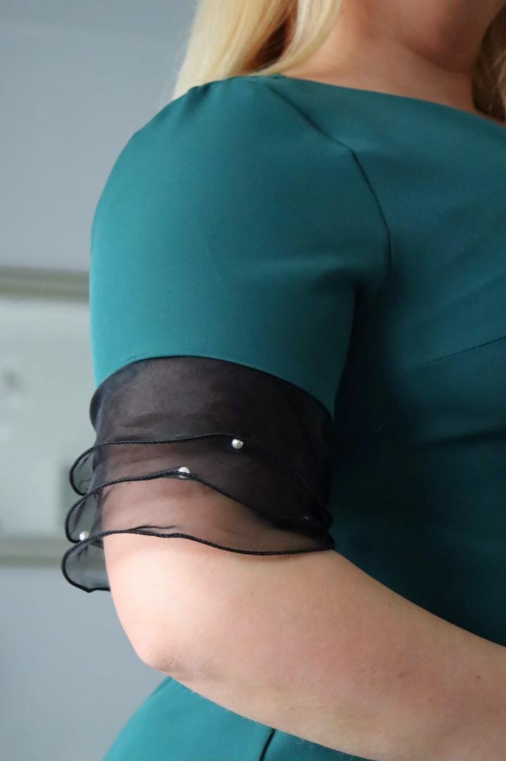 Sukienka Gloria trapezowa z ozdobnymi rękawami butelkowa zieleń WYPRZEDAŻ ostatnia sztuka 46 - obrazek 2