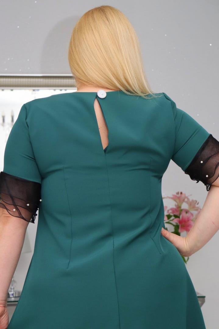 Sukienka Gloria trapezowa z ozdobnymi rękawami butelkowa zieleń WYPRZEDAŻ ostatnia sztuka 46 - obrazek 5