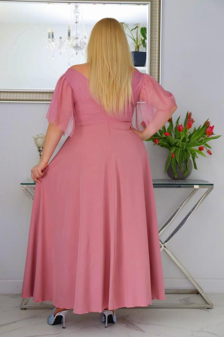 Sukienka Moira rozkloszowana long wieczorowa kopertowy dekolt wrzosowa WYPRZEDAŻ - obrazek 5