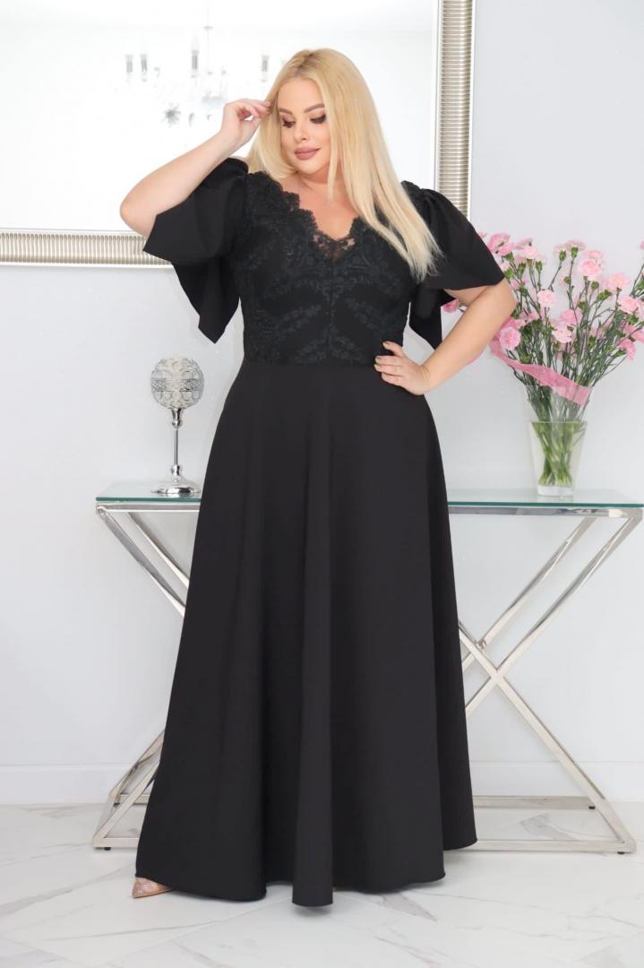 Sukienka Beatrice maxi wieczorowa rozkloszowana ekskluzywna dekolt serek czarna PROMOCJA - obrazek 3