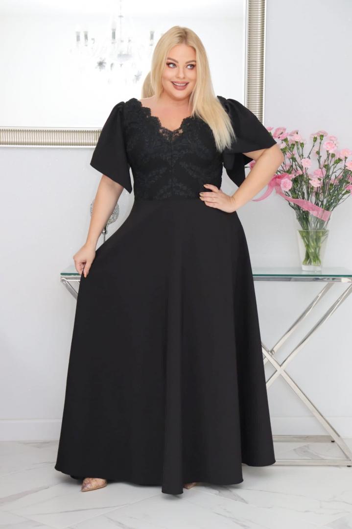 Sukienka Beatrice maxi wieczorowa rozkloszowana ekskluzywna dekolt serek czarna PROMOCJA