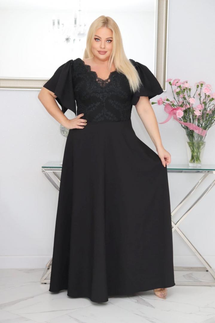 Sukienka Beatrice maxi wieczorowa rozkloszowana ekskluzywna dekolt serek czarna PROMOCJA - obrazek 4