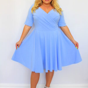 Sukienka klasyczna rozkloszowana z kopertowym dekoltem błękitna gładka. A002 MEGA WYPRZEDAŻ!