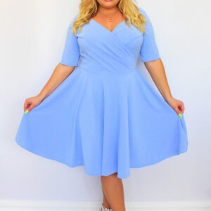 Sukienka klasyczna rozkloszowana z kopertowym dekoltem błękitna gładka. A002 MEGA WYPRZEDAŻ! - obrazek 2