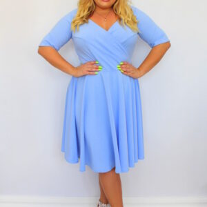 Sukienka klasyczna rozkloszowana z kopertowym dekoltem błękitna gładka. A002 MEGA WYPRZEDAŻ! - obrazek 3