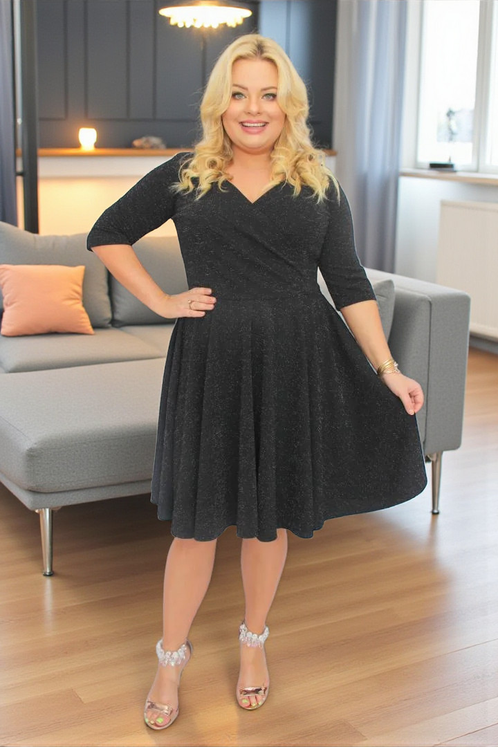 Sukienka Catalena rozkloszowana z kopertowym dekoltem czarna dzianina - obrazek 4