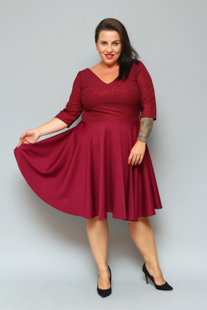 Sukienka Carla rozkloszowana dekolt serek bordo SPARKLE WYPRZEDAŻ