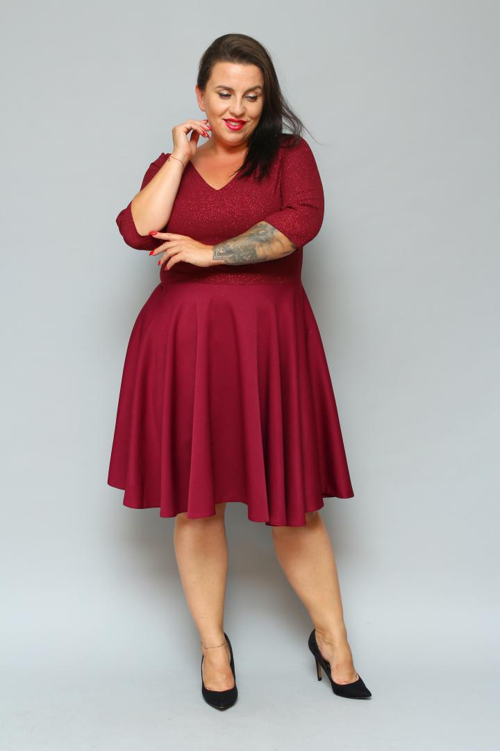 Sukienka Carla rozkloszowana dekolt serek bordo SPARKLE WYPRZEDAŻ - obrazek 3