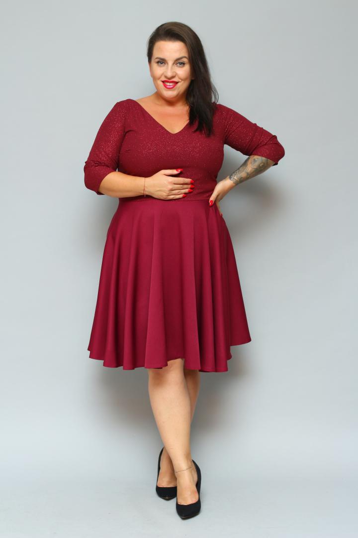 Sukienka Carla rozkloszowana dekolt serek bordo SPARKLE WYPRZEDAŻ - obrazek 4