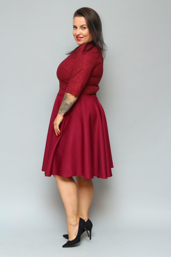 Sukienka Carla rozkloszowana dekolt serek bordo SPARKLE WYPRZEDAŻ - obrazek 5
