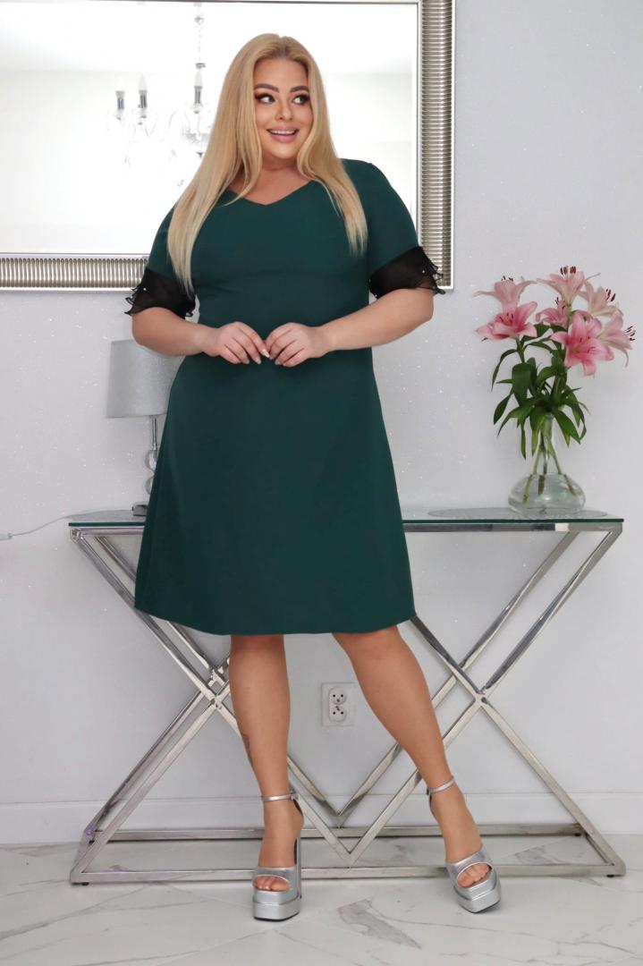 Sukienka Gloria trapezowa z ozdobnymi rękawami butelkowa zieleń WYPRZEDAŻ ostatnia sztuka 46 - obrazek 3