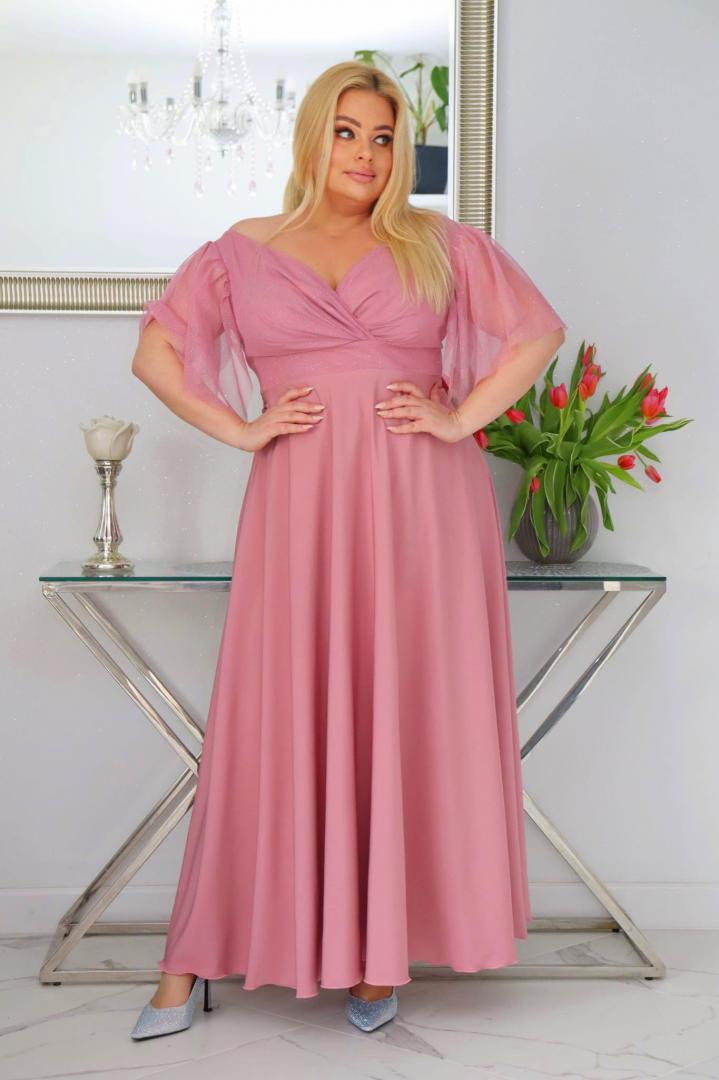 Sukienka Moira rozkloszowana long wieczorowa kopertowy dekolt wrzosowa WYPRZEDAŻ - obrazek 3