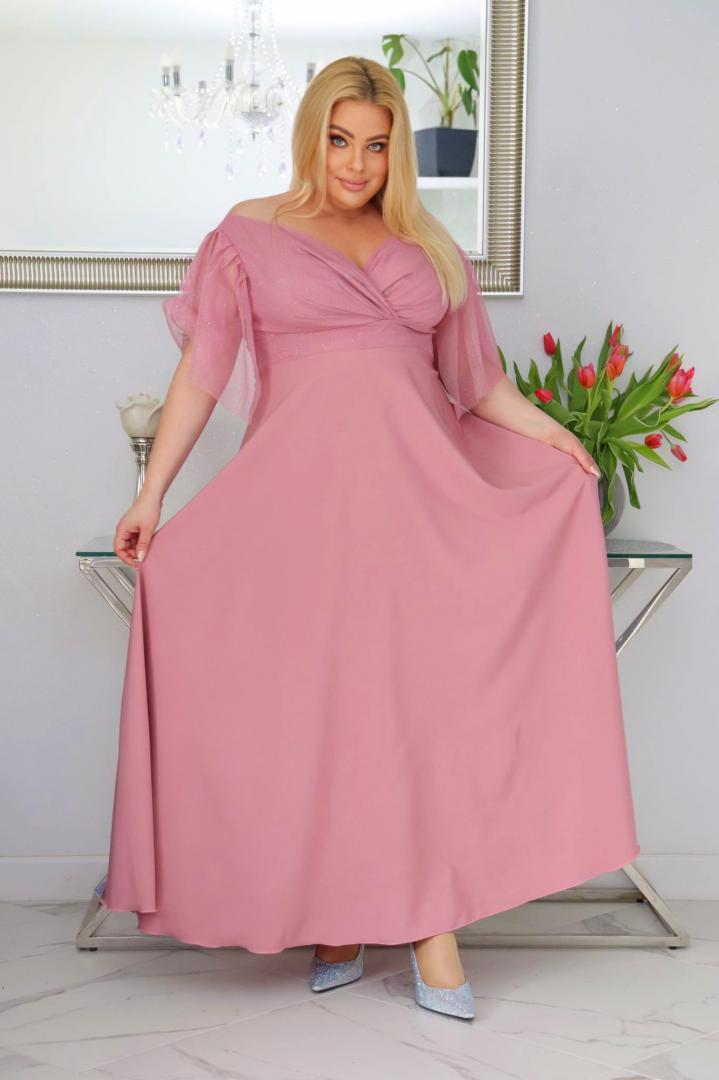 Sukienka Moira rozkloszowana long wieczorowa kopertowy dekolt wrzosowa WYPRZEDAŻ - obrazek 4