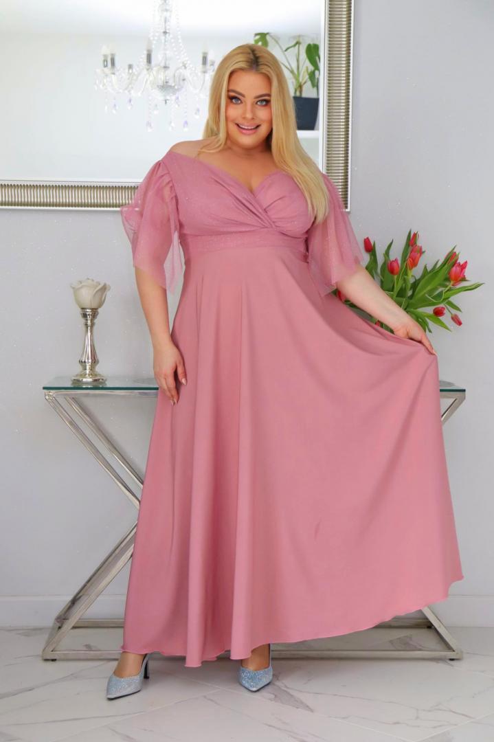 Sukienka Moira rozkloszowana long wieczorowa kopertowy dekolt wrzosowa WYPRZEDAŻ