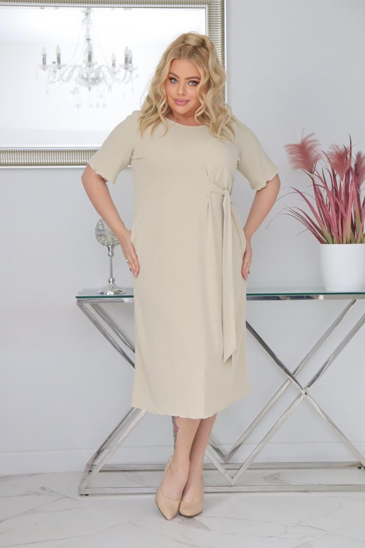 Sukienka Natasza rozkloszowana midi dzianina wiązana w pasie nude