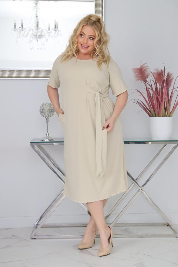 Sukienka Natasza rozkloszowana midi dzianina wiązana w pasie nude - obrazek 3