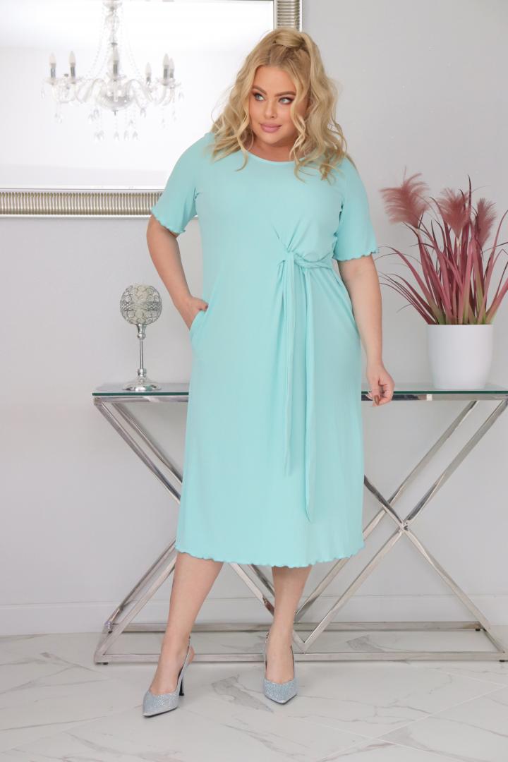 Sukienka Natasza rozkloszowana midi dzianina wiązana w pasie miętowa - obrazek 3