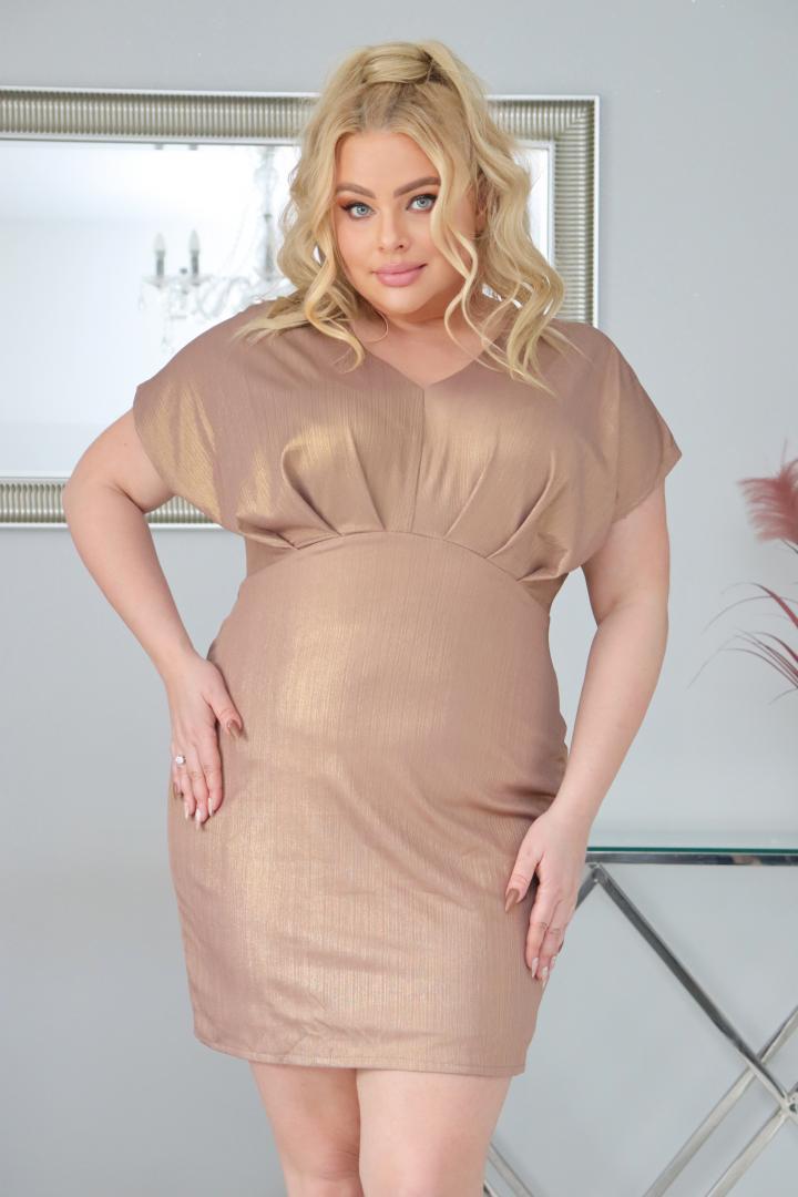 Sukienka Diora romantyczny dekolt z zakładkami mieniąca złota - obrazek 4