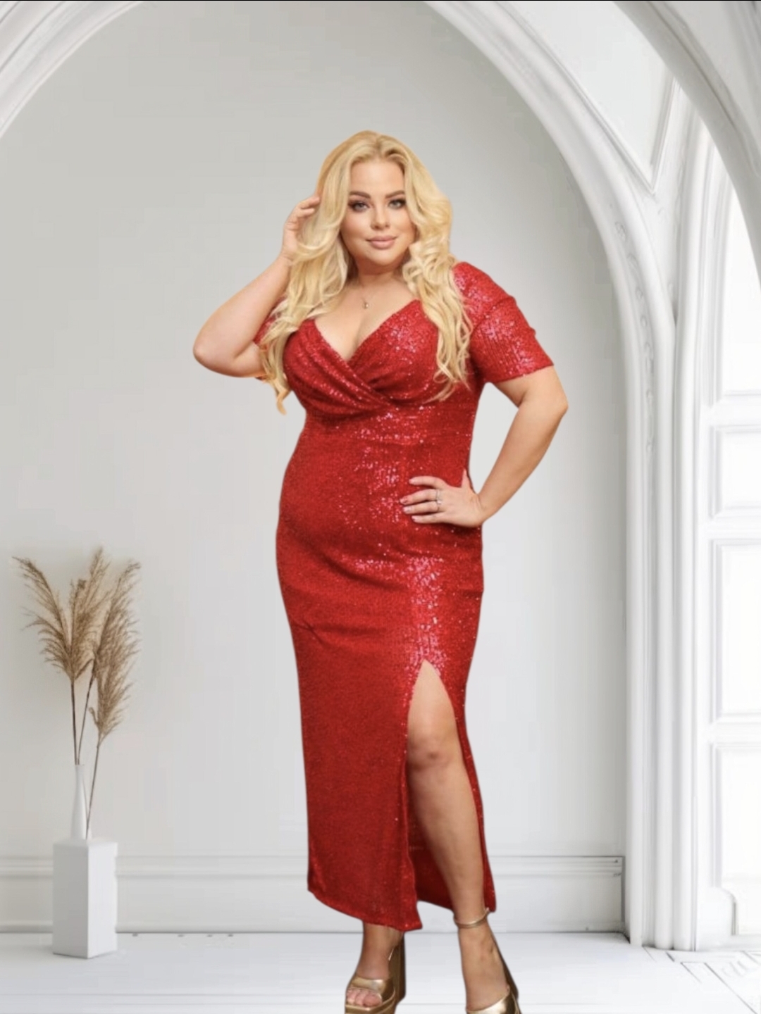 Sukienka Golden maxi ołówkowa cekinowa kopertowy dekolt CEKINY czerwona - obrazek 2