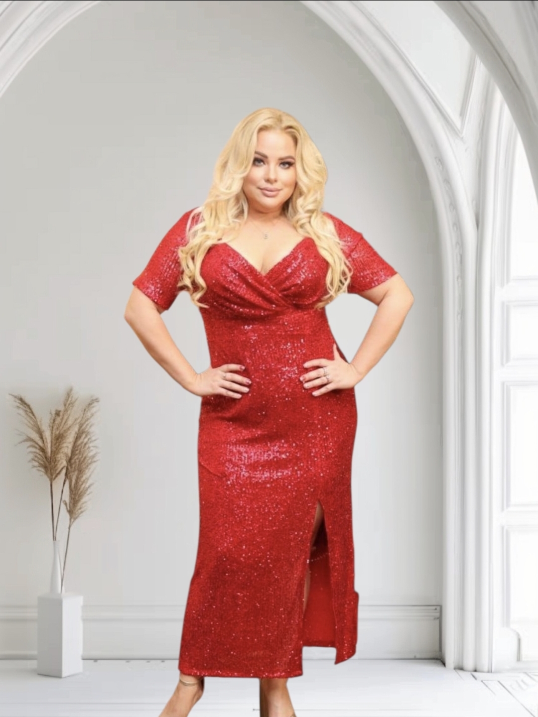 Sukienka Golden maxi ołówkowa cekinowa kopertowy dekolt CEKINY czerwona - obrazek 3