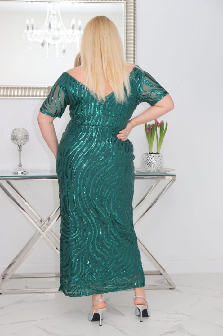 Sukienka PRECIOSA maxi ołówkowa cekinowa kopertowy dekolt butelkowa zieleń - obrazek 6