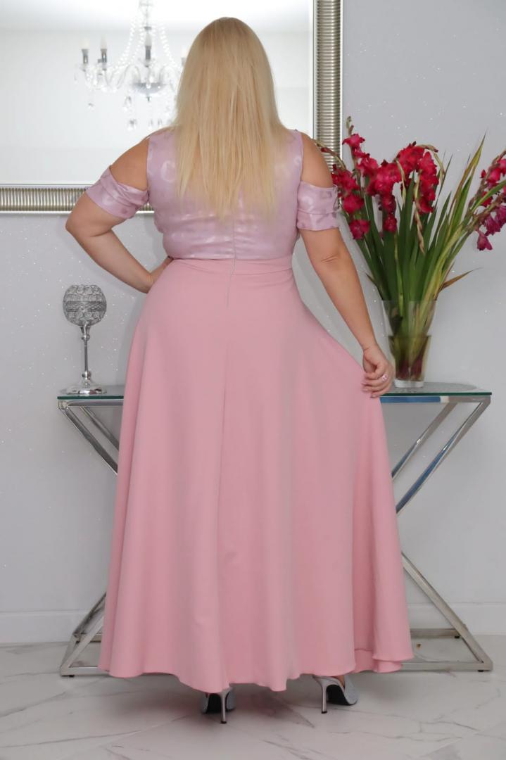 Sukienka Patrycja maxi wieczorowa rozkloszowana ekskluzywna kopertowy dekolt wrzosowa - obrazek 5