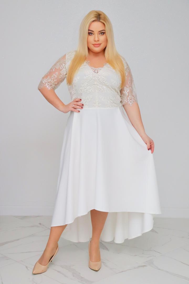 Sukienka Layla asymetryczna rozkloszowana kopertowy dekolt ekskluzywna koronka biała