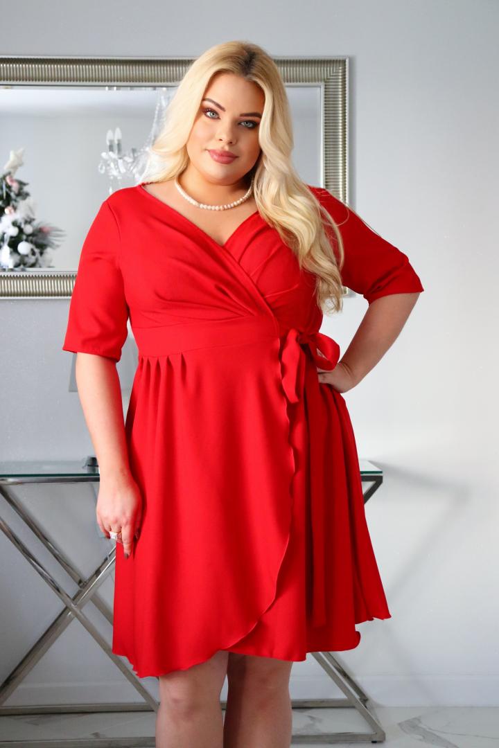 Sukienka Meghan rozkloszowana kopertowa szlafrokowa czerwona - obrazek 5