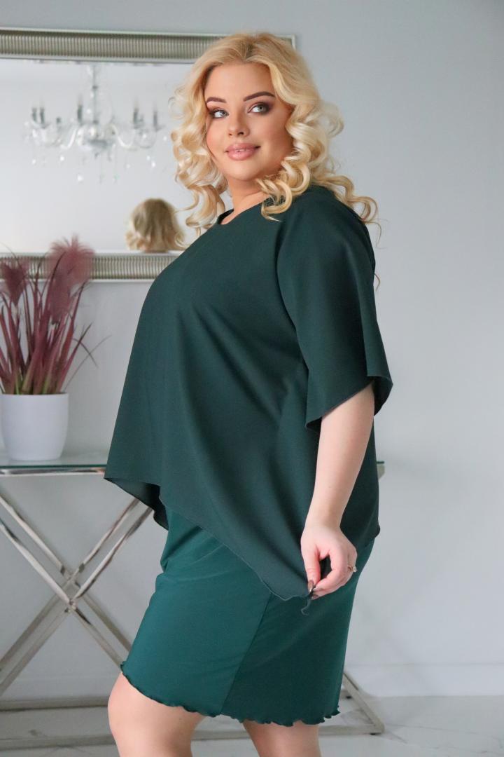 Sukienka Kama z prostokątną szyfonową narzutką butelkowa zieleń - obrazek 3